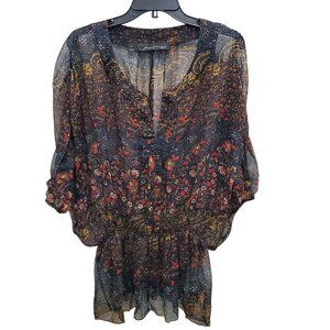 Patterson J. Kincaid Originals Women's Black Orange Sheer Floral Peasant Top S